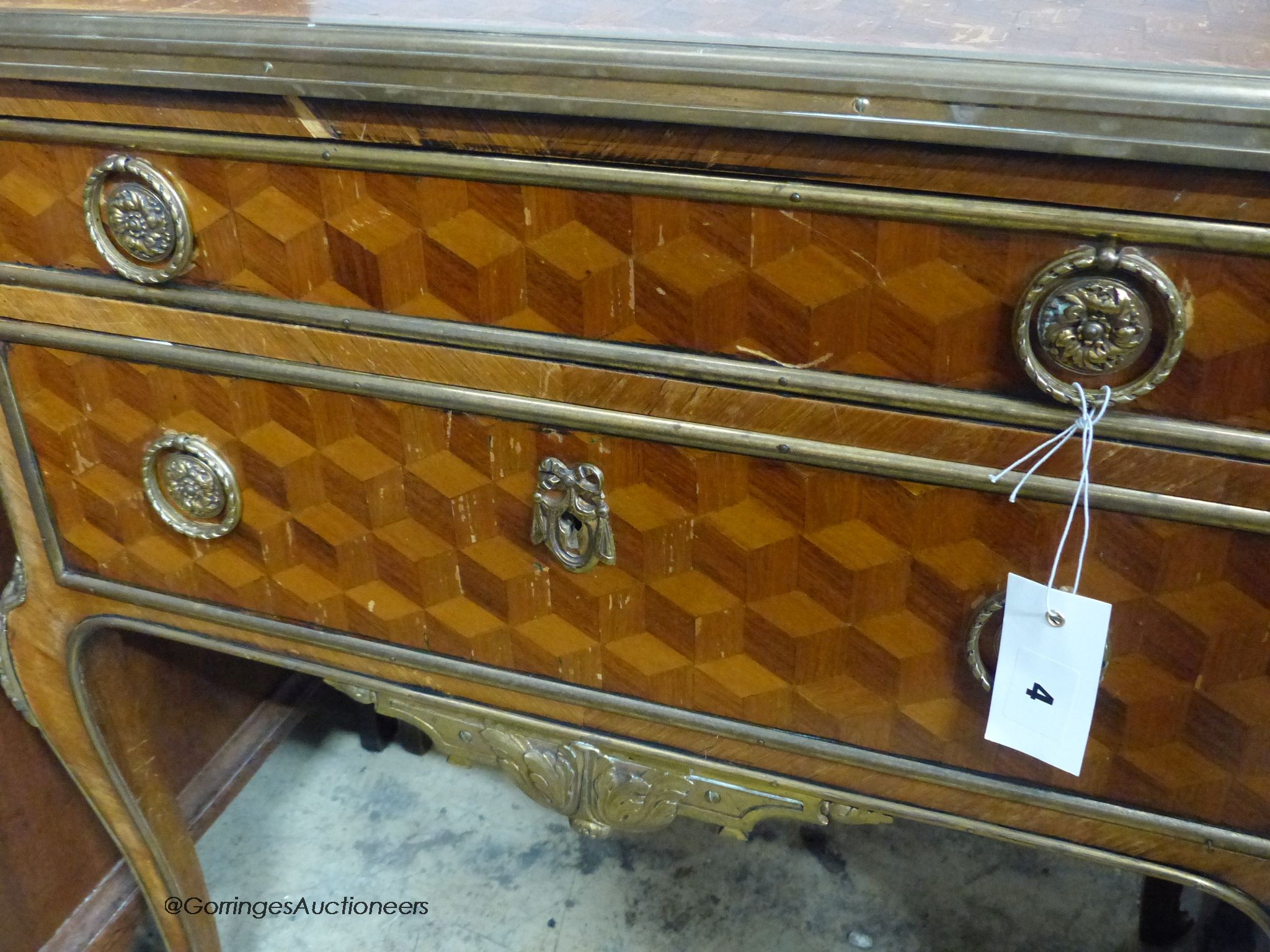 A French transitional style parquetry inlaid two drawer chest, width 65cm, depth 36cm, height 68cm